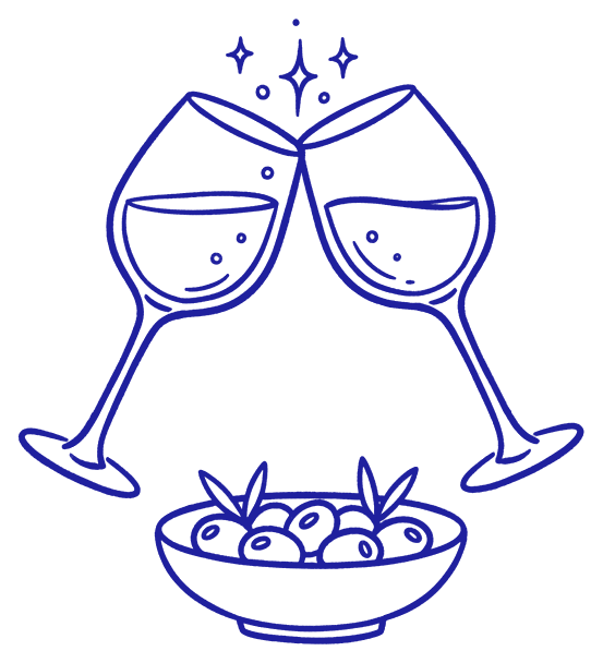 Tekening van twee wijnglazen die klinken