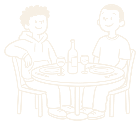 Thijs en Tom aan tafel na het eten